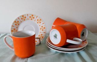 Rare Vintage Orange & White Bone China Japan Set Of 4 Cups & Saucers C1950
