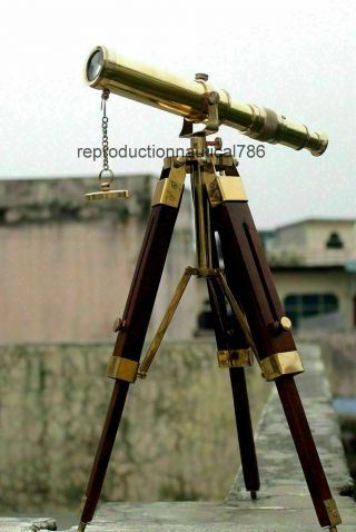 Vintage Solid Brass Telescope With Wooden Tripod Nautical Navy Ship Instrument