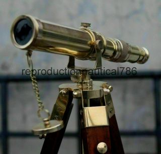 Vintage Solid Brass Telescope With Wooden Tripod Nautical Navy Ship Instrument 2