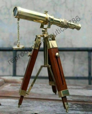 Vintage Solid Brass Telescope With Wooden Tripod Nautical Navy Ship Instrument 3
