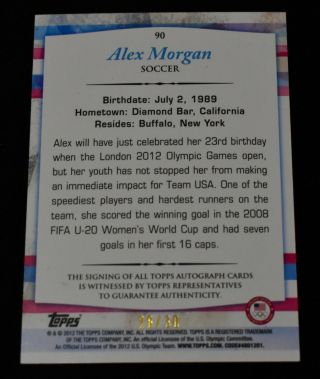 2012 Topps US Olympic Team and Hopefuls Alex Morgan Autograph 28/30 Rare Rookie 2
