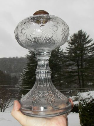 Vintage Antique Kerosene Oil Lamp Stipple Plumes & Leaves Pattern Glass Lamp