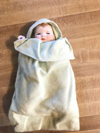 Vintage Porcelain Head Baby Doll In Soft Blanket Sleeping Bag Style