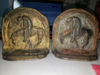 Antique Cast Iron Bookends 18th Century End Of The Trail Indian On Horse
