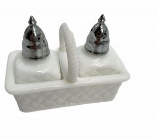Vintage Rare Milk Glass Salt And Pepper Shakers In A Basket Metal Screw - On Caps