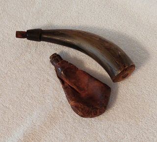 Antique Black Powder Horn & Leather Flask Wooden Stoppers Authentic