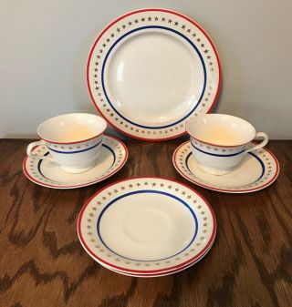 Rare Vintage Stetson 22kt Gold Tea Set 2 Teacups 4 Saucer 1 Plate Red White Blue