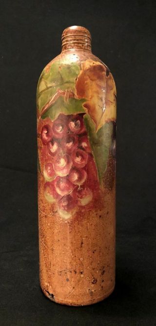 19th C Salt Glazed Stoneware Mineral Water Bottle,  Hand Painted Grapes & Vine
