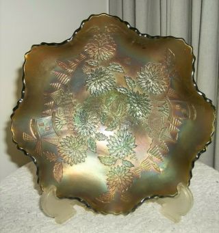 Antique Carnival Glass Bowl Fenton Windmills Sailboats Trees Flowers Green Cente