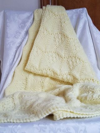Vintage Baby Blanket - Crocheted Afghan - Yellow - 36 " X 39 " For Baby Boy & Baby Girl