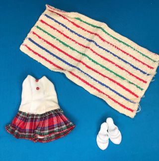 Vintage Jill Doll Vogue Clothes 3214 Swimsuit W Plaid Skirt,  Towel & Shoes