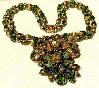 Rare Vintage 16 " X 3 " Miriam Haskell Gilt Green Glass Rhinestone Necklace A30