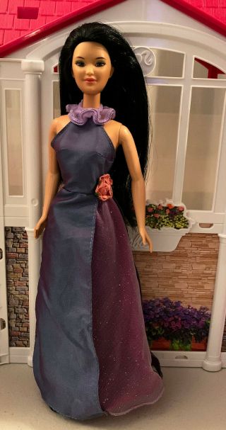 Vintage Mattel 1980 Kira Barbie Doll Asian Black Hair - Redressed In Purple Gown