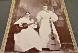 Rare Cabinet Card Photo Of Sisters With Guitars C.  C.  Burdick Farmington,  Minn.