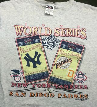 Vintage Mens L 1998 90s York Yankees Padres Baseball World Series T - Shirt