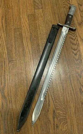 Rare Swiss Model 1914 Pioneer Sawback Sword Bayonet With Metal Scabbard