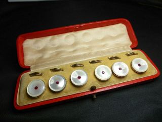 Leather Boxed Set Antique Dress Shirt Studs Buttons Mother Of Pearl Ruby Paste