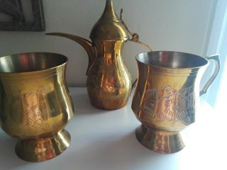 Vintage Saudi Arabian Brass Dallah Coffee Set With Mugs With Saudi Inscription