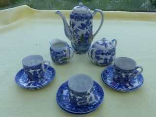 Lovely Vintage Japanese Blue & White Painted Porcelain Coffee Set
