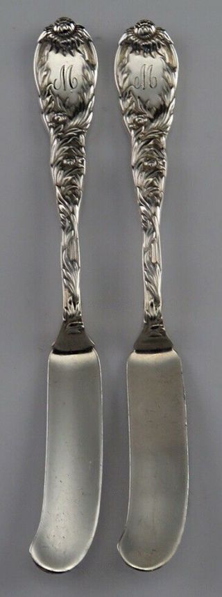 Rare Pair Tiffany & Co Sterling Silver Chrysanthemum Pate Knives M Mono (6/6)