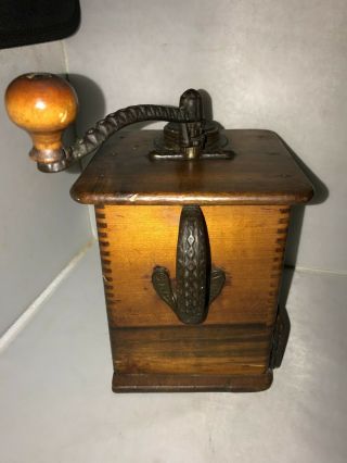 Vintage Antique Wood And Cast Iron Coffee Grinder With Wood And Tin Drawer