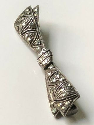 Antique Vintage Art Deco Sterling Silver And Marcasite Bow Shaped Brooch Pin