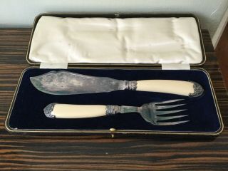 Antique Epns Large Fish Serving Knife Fork Set Box Harrison Fisher & Co
