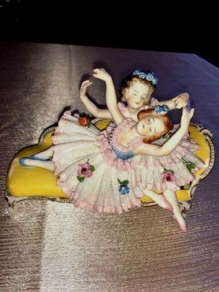 Very Rare Miniature Dresden Lace 2 Ballerina Girls On Divan Sofa