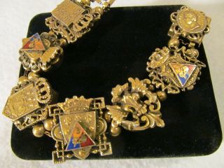 Rare Vintage Victorian Enamel Royal Style Puffy Gold Slide Charm Wide Bracelet