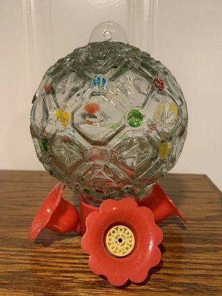 Antique Round / Globe Glass Hummingbird Feeder With Red Flower Base