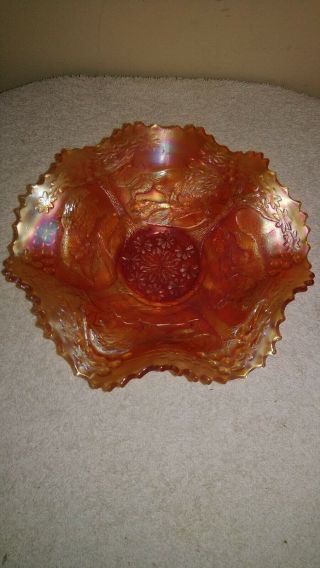 Vtg Antique Iridescent Carnival Marigold Glass Lion Dish Bowl Ruffled