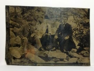 Tintype Two Men,  Woman Sit On Rocks In Forest C.  1870s Rare Outdoor Photo 1