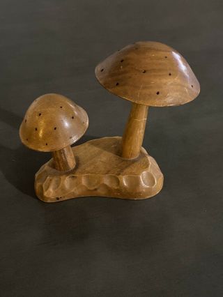 Vintage Wooden Mushrooms Wood 7 1/2 " Monkey Pod Mid Century Toothpick Sculpture