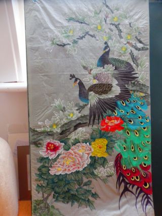 Vintage Large Chinese Peacock Painting On Silk Paper Panel