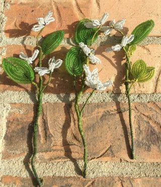 Antique French Beaded Wired White Daisy Flower Stems Set Of 3