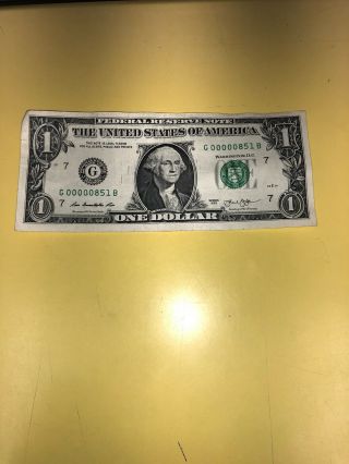 2013 Rare $1 One Dollar Note Low Serial Number G00000851b