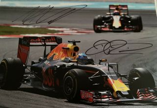 Max Verstappen And Daniel Ricciardo Hand Signed F1 A4 Photo W Rare Redbull Book
