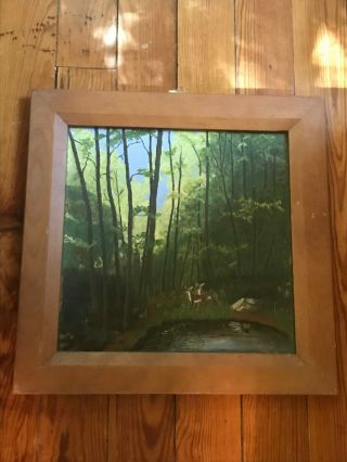 Antique Artist Signed Oil Painting Of Two Deer Near Pond In Woods In