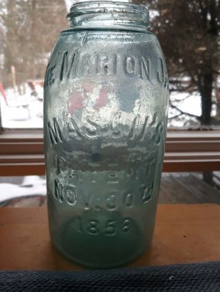 Authentic Antique Rare Masons Aqua Quart Canning Jar (marion Jar) Pat Nov30 1858