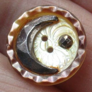 5/8 " Antique Carved Mother Of Pearl Button W Moon And Star Cut Steel Ome 