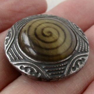 1 " Antique 2 - Piece Stamped Steel And Tin Button W Spiral Celluloid Embellishment