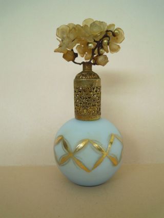 Antique Irice White/gold Satin Glass Spray Perfume Bottle W Flowers Filigree Top
