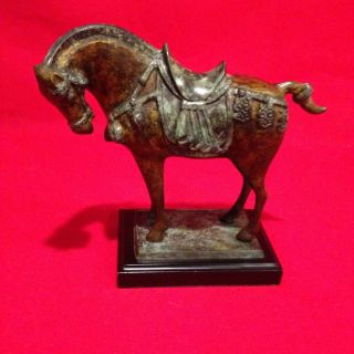 Very Rare And Unique Tang Horse Sculpture On Wood Base - Solid Brass