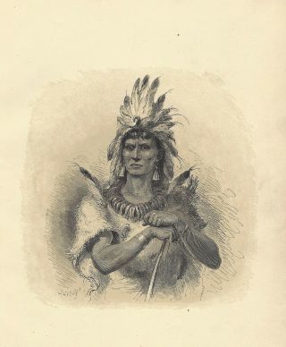 Native American Indian Warrior Chief W Feather Headdress Antique Engraving