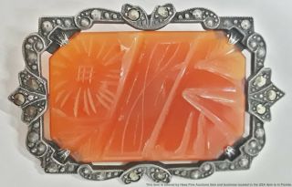 Antique Hand Carved Floral Carnelian Marcasite Art Deco Sterling Silver Pin 9.  7g