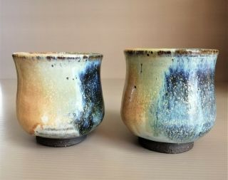 Modern Japanese Studio Pottery Tea Cup Set Multicolor Namako Glaze Artists Work