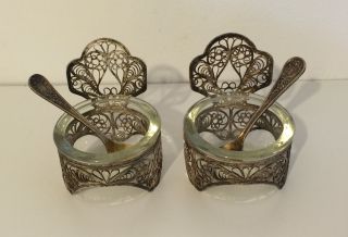 2 Old Small Russian Silver Filigree & Glass Bowls (salt Dish) Bowls With Spoons