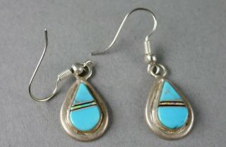 Vintage Zuni Indian Sterling Silver Chanel Inlay Turquoise Onyx Opal Earrings