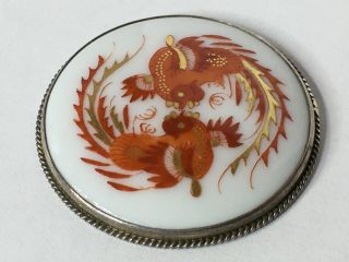 RARE ANTIQUE MEISSEN GERMANY RED DRAGON PORCELAIN PIN OR BROOCH IN SILVER RING 2