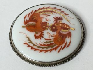 RARE ANTIQUE MEISSEN GERMANY RED DRAGON PORCELAIN PIN OR BROOCH IN SILVER RING 3